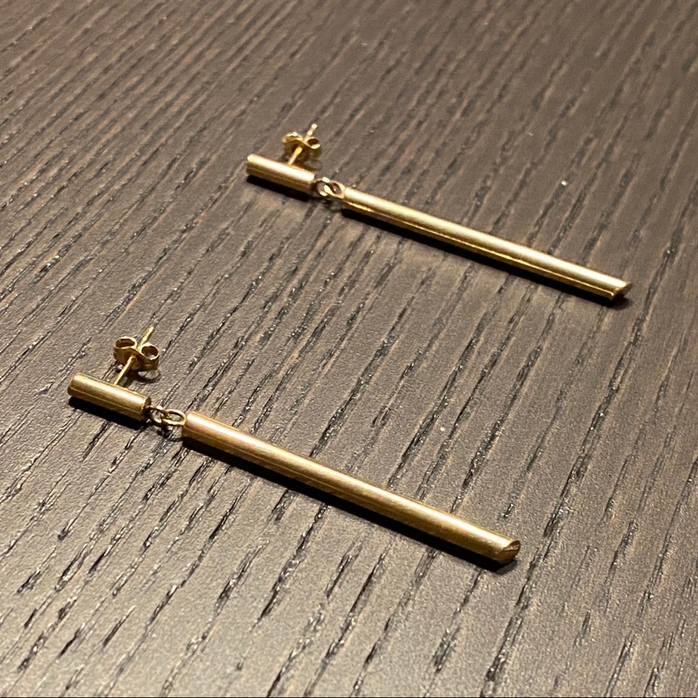 14k yellow gold stick tube bar drop earrings lightweight